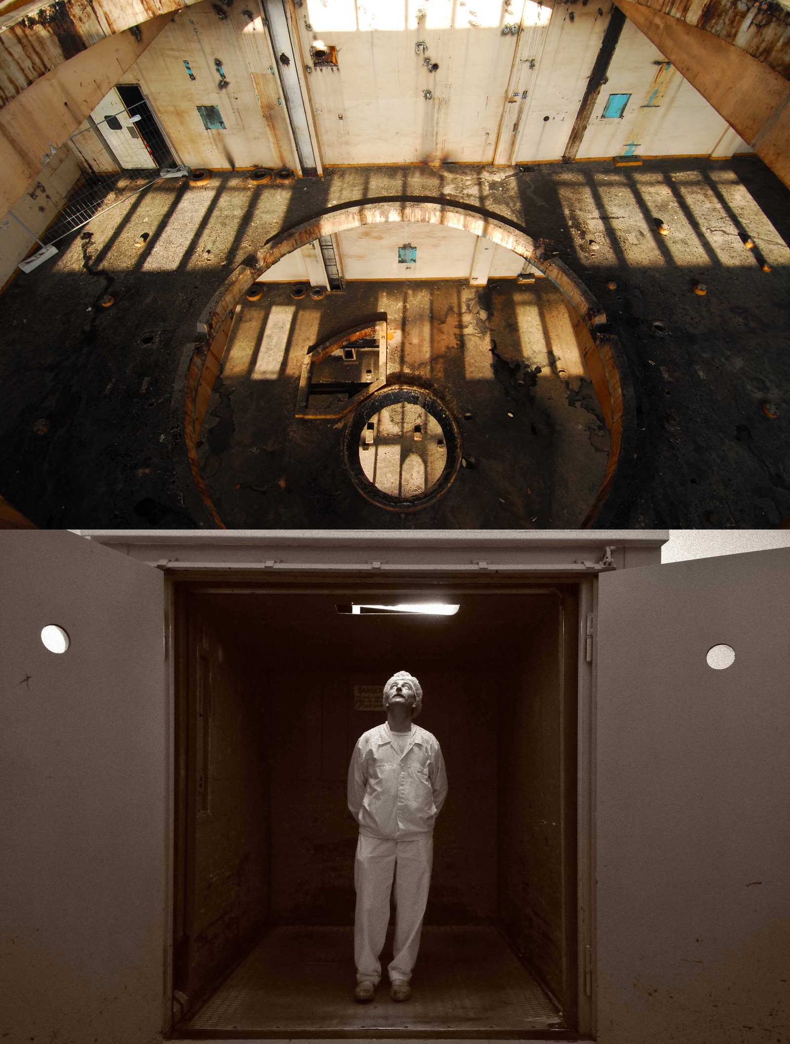 Photo du haut : Ancien emplacement d'une des 2 tours d'atomisation où l'extrait de café est transformé en poudre. Futur emplacement de bureaux. Photo du bas : Jean Marc PIEVE, salarié Netcacao « J'ai travaillé chez Nestlé pendant plus de 30 ans et à l'époque j'étais carriste de magasin, je déballais les camions. Je suis rentré chez Nestlé pour avoir un salaire car je n'avais pas la possibilité de continuer les études »